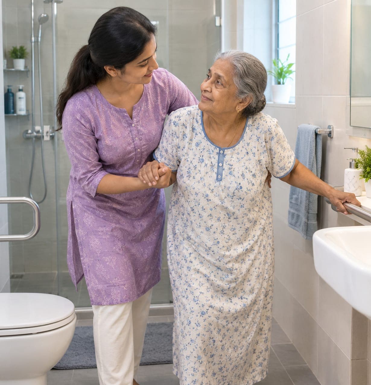 Caregiver assisting an elderly woman at home
