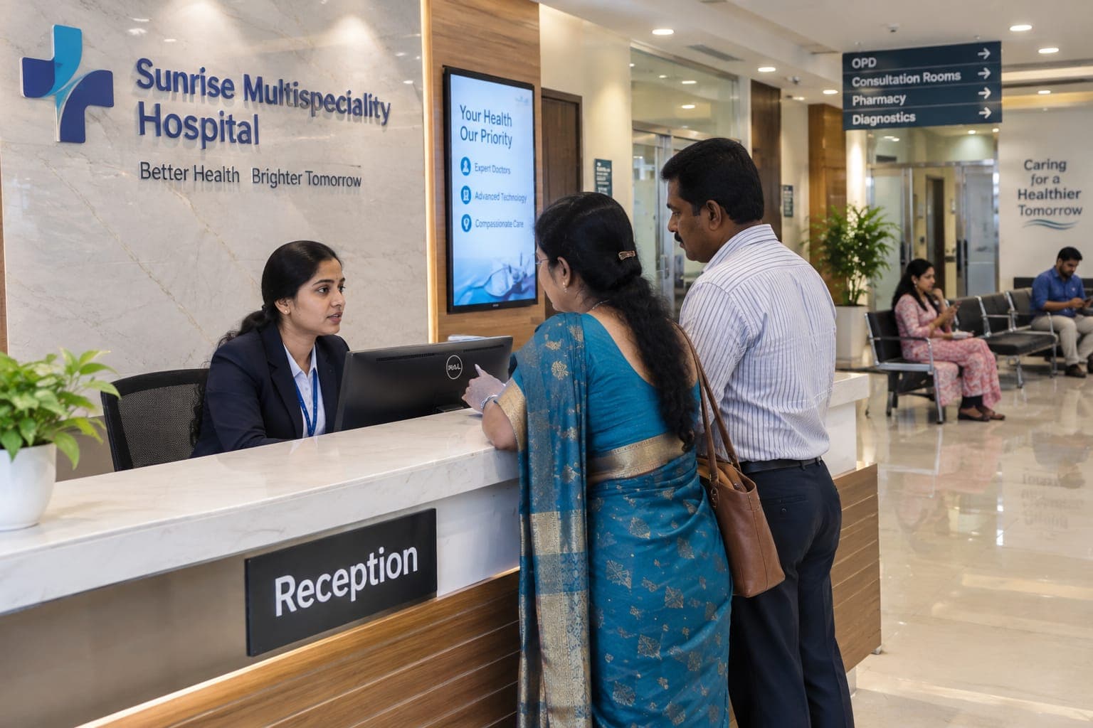 Hospital reception desk with staff assisting visitors